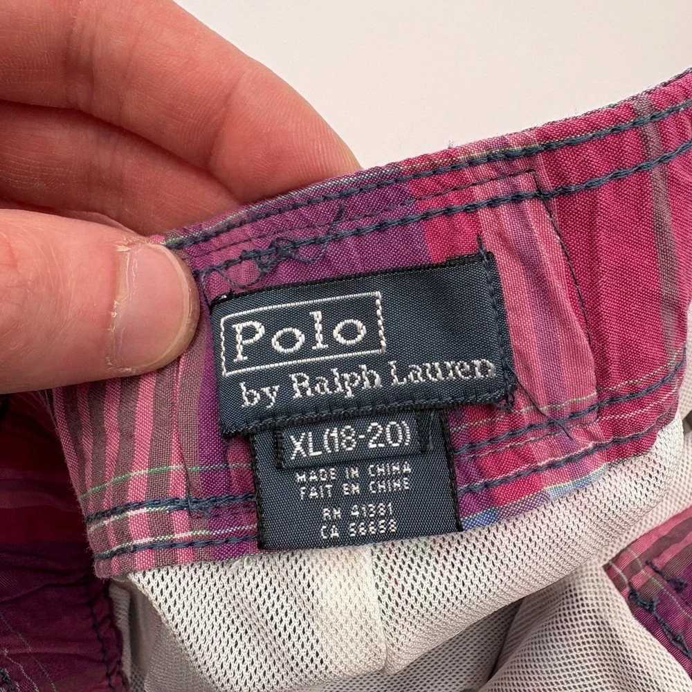 Polo‎ Ralph Lauren Boys XL 18-20 Swim Trunks Plaid Madras Mesh Lined Pony